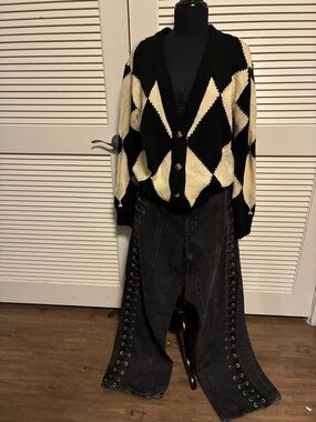 Motel Rocks Black and Cream Diamond Knit Cardigan. Over size , Preloved